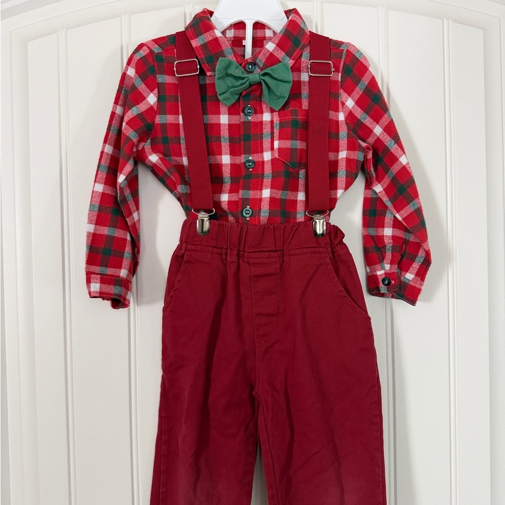 SOLD ‼️Red Plaid Shirt with Green Bow Tie and Red Pants